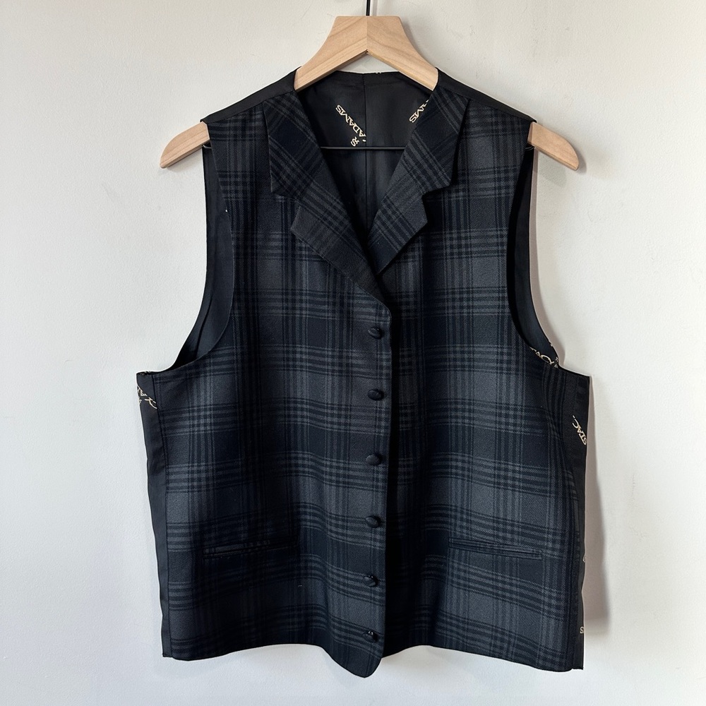 Vintage Stacy Adams Black on Black Plaid Button Down Vest Size 42L